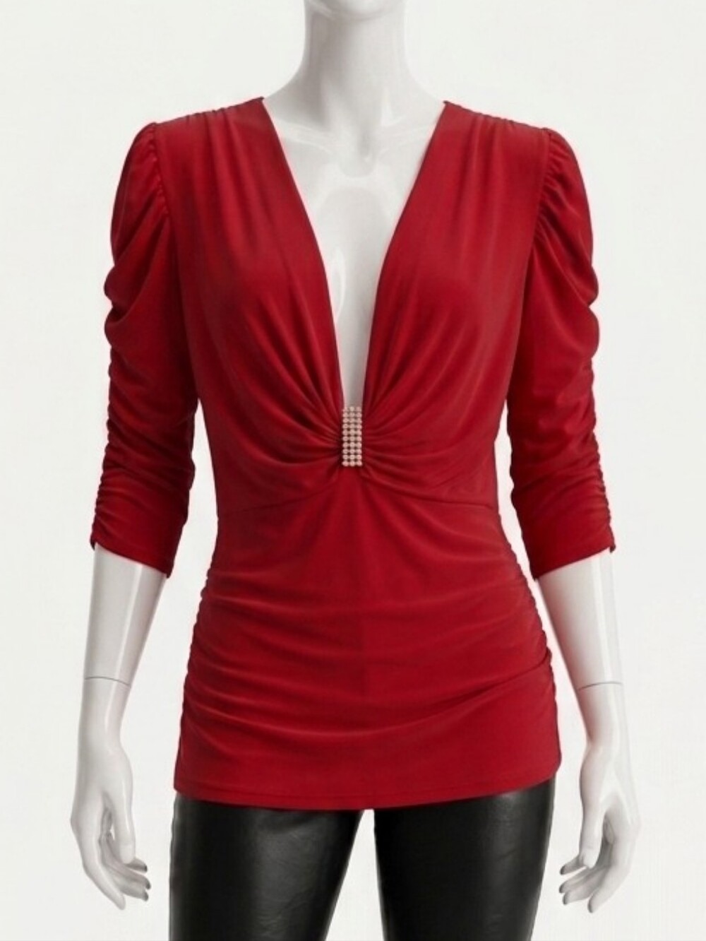 BLVD Collection Red Draped V-Neck Top with Rhinestone Accent Medium